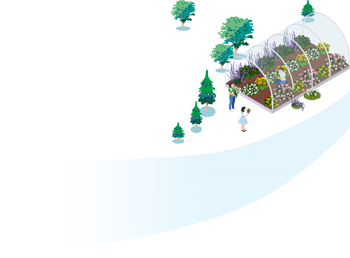 木々と川のそばで花を植える人々のイラスト