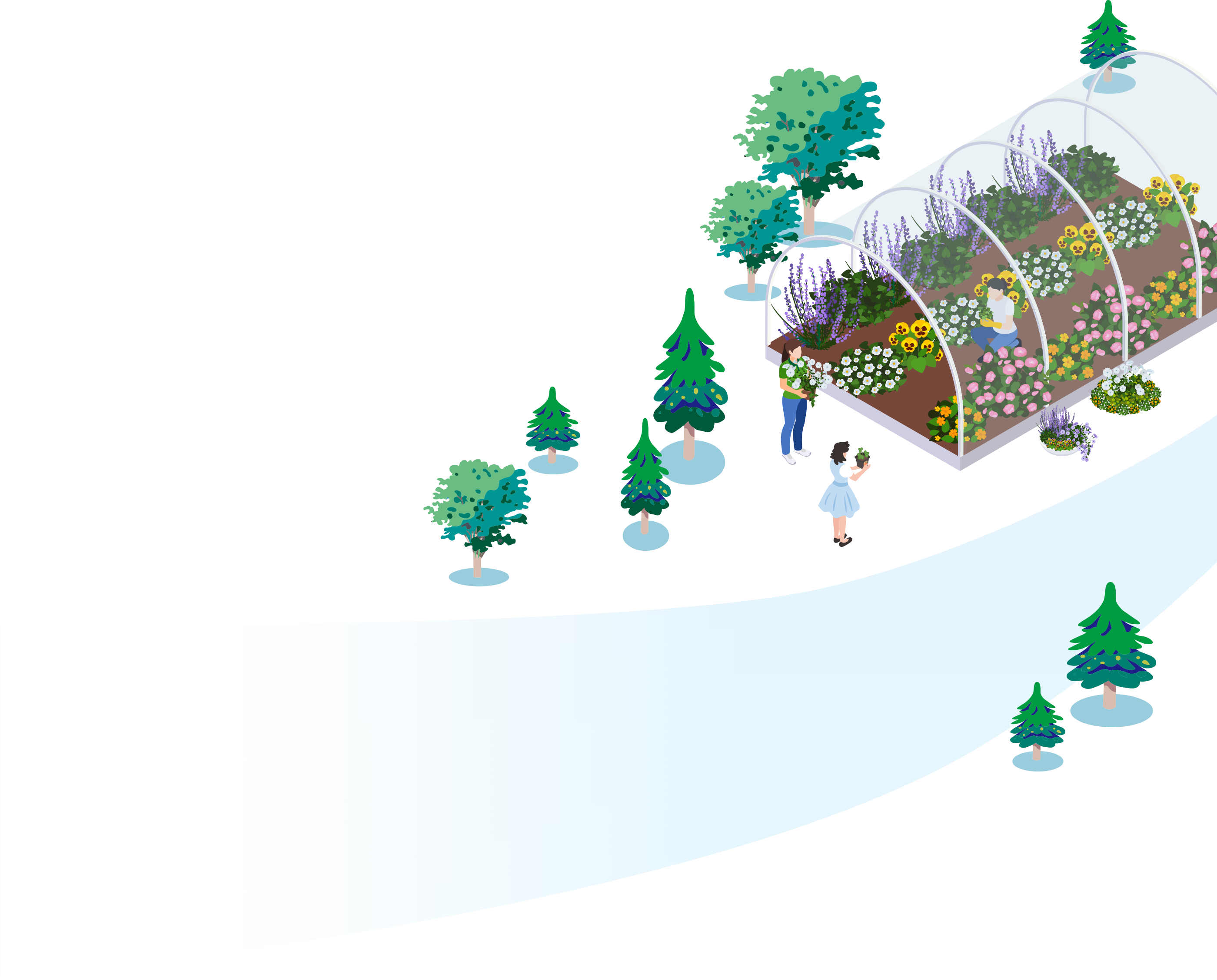 木々と川のそばで花を植える人々のイラスト